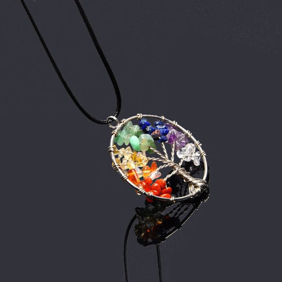 Crystal Quartz Natural Gemstone 7 Chakra Healing Tree of Life Pendant Necklace - Picture 2 of 8